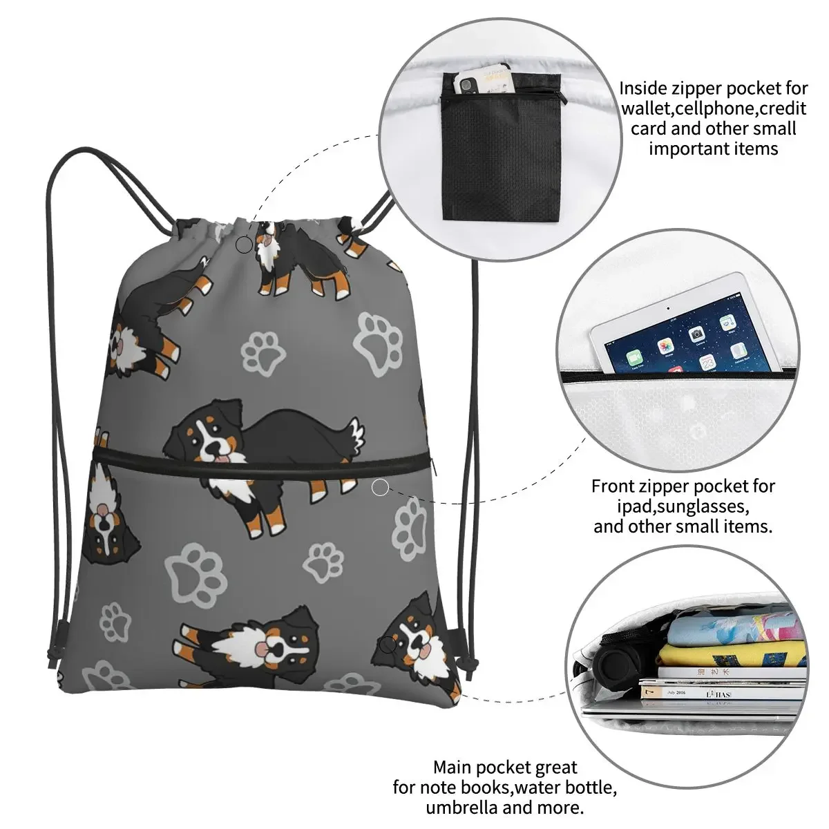 Bernese Mountain Dog Portable Backpacks Drawstring Bag Fashion Drawstring Bundle Pocket Shoes Bags For School Students