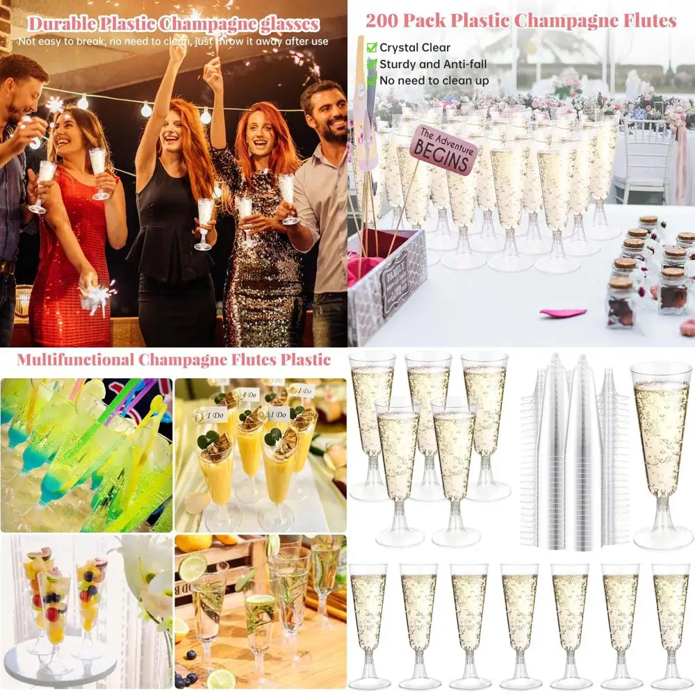 

200 Pack Disposable Crystal Clear Plastic Champagne Flutes, 5 Oz Mimosa Glasses for Parties, Weddings, and Cocktails