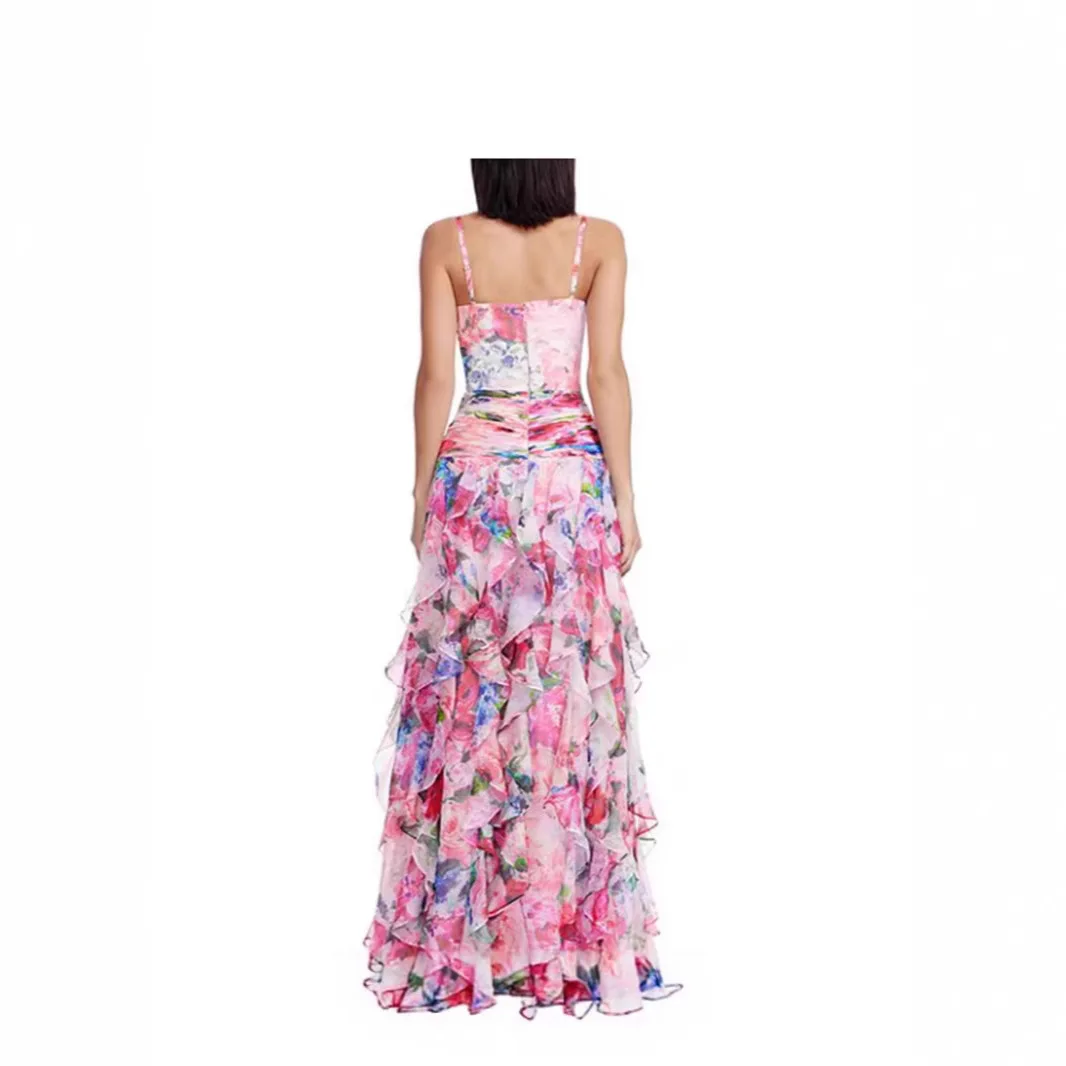 فستان سهرة نسائي مكشوف الكتفين لعام 2025 - فستان رسمي بدون حمالات بطباعة شيفون وأكمام طويلة مع سحر أثيري