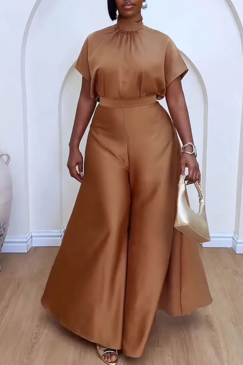 

Women's Set satin Short Sleeve Turtleneck Shirt+wide Leg Pants 2024 Fall Streetwear OL Two 2Piece Sets Outfits Tracksuit