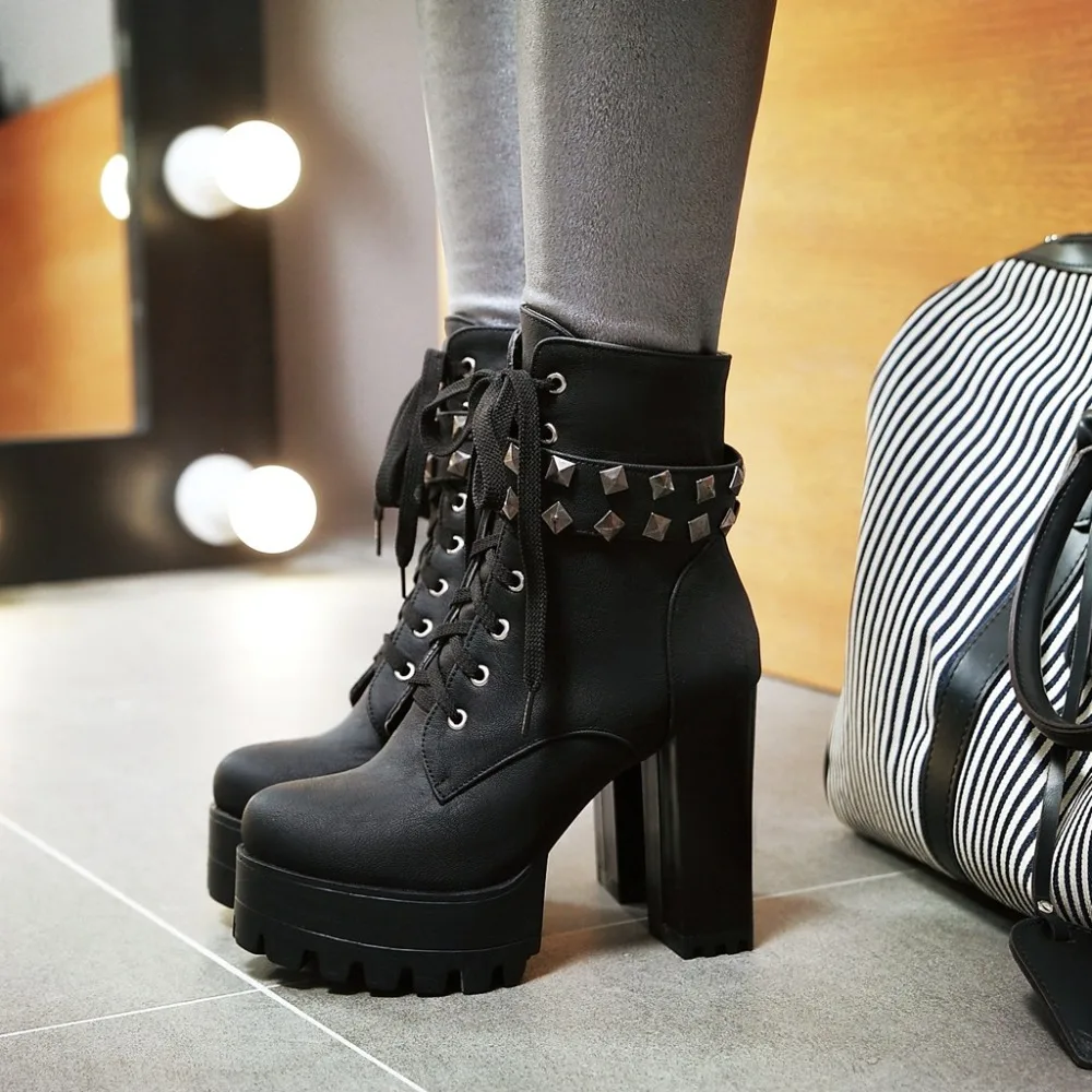 Fashion Women Ankle Boots Platform Punk Heeled Motorcycle Boot Sexy Buckle Rivets Black PU Leather Short Shoes Woman Big Size 48