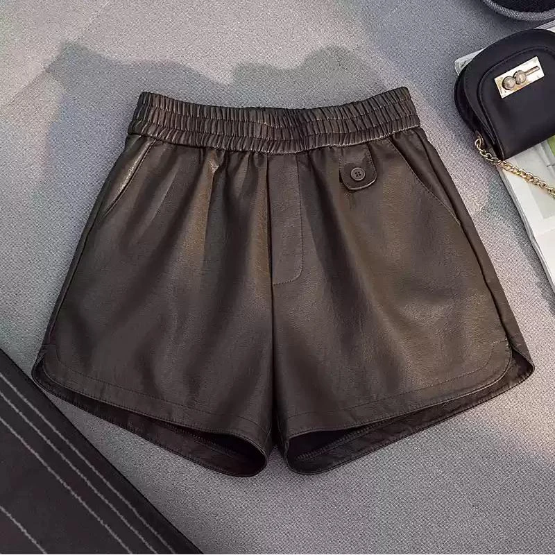 Bomon American Vintage Leather Shorts Fall New Women's Clothing High Waist PU Leather Pants Stretch Waist Wide Leg A-Line Shorts