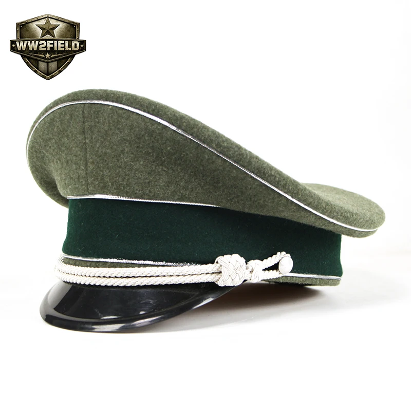 

German Officer Hat with Silver Trim Woolen Fabric Metal Cord Leather Breathable Lining B97