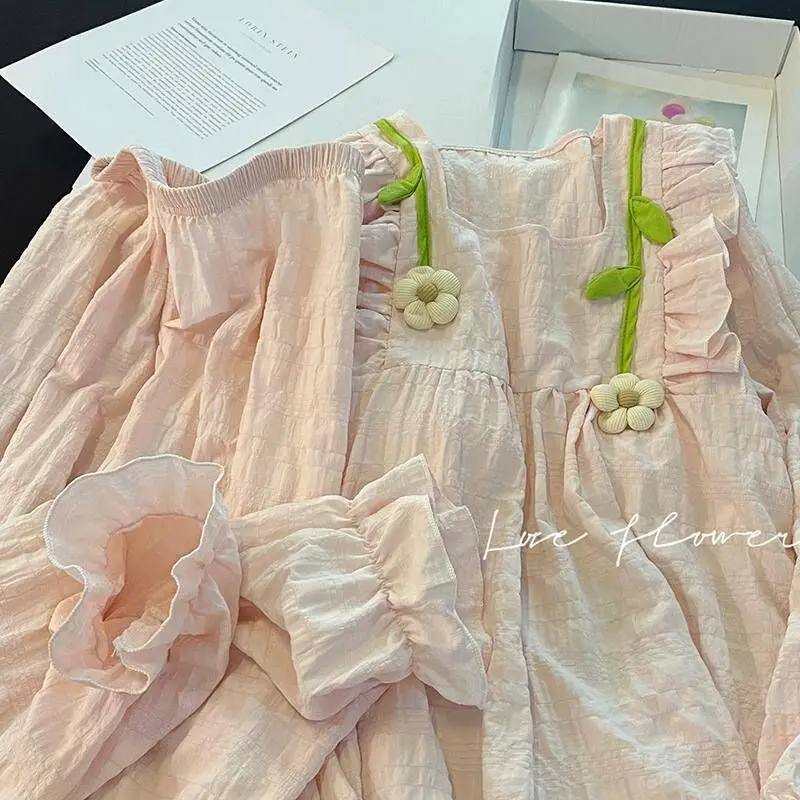 Women's Three-Dimensional Flower Pajama Set Long Sleeve Top with Pants Spring Autumn Thin Comfortable Sleepwear for Sweet Girls
