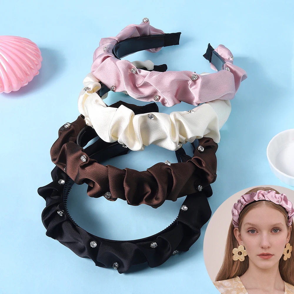 

4cm Pleated Satin Bubble Hairband with Rhinestones Fashion Solid Color Hair Hoop Girls Bezel Headwear New Women Hair Accessories