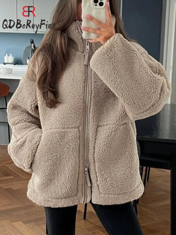 Women Winter Coat Thick Warm Lamb Wool Plush Jacket Casual Oversized Long Sleeve Tops Teddy Fleece Zipper Faux Lamb Overcoat