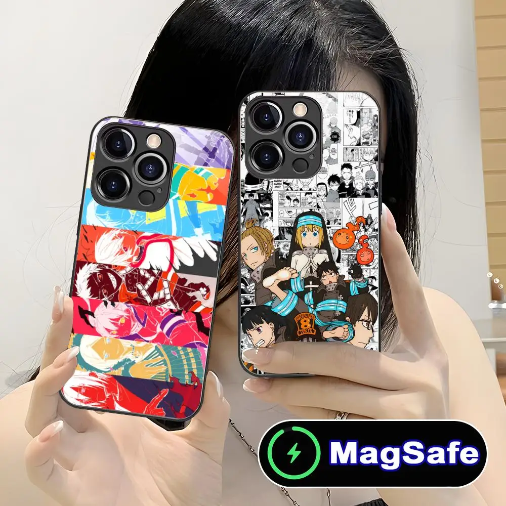 

Чехол для мобильного телефона Anime Fire Force для iPhone 16, 15, 14, 13, 12, 11 Pro Max Plus Mini MagSafe, стеклянный цвет, защитный роскошный чехол
