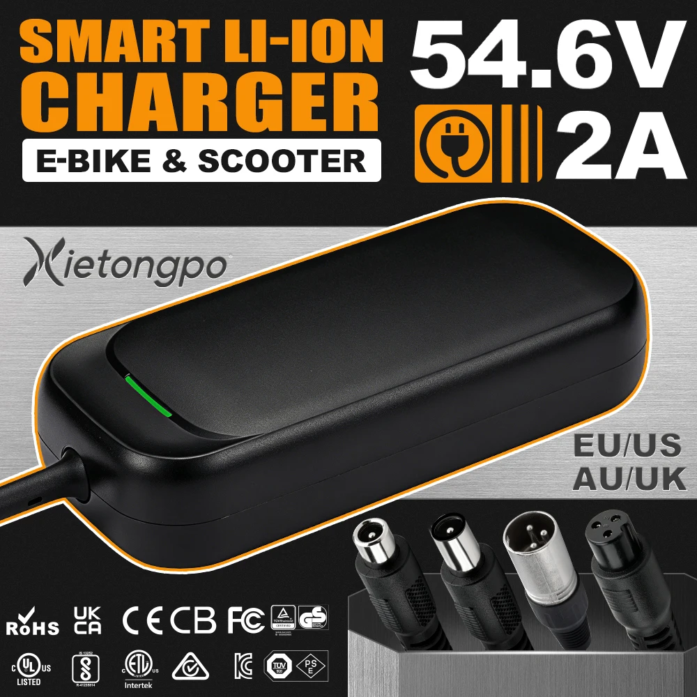 54,6V 2A 48V 13S Lithium-Batterieladegerät für Elektro-Skateboard, E-Bike, Roller, Balance-Fahrzeug, 5 DC-Anschlüsse 18mm 3-Pin XLR, 8mm 3-Pin, 5,5x2,5mm, 8mm Lotus, 5,5x2,1mm, US-EU-Stecker,