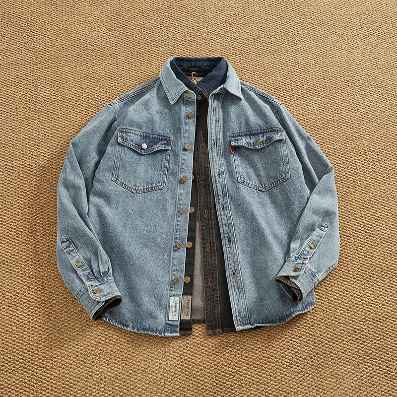 2025 Spring Retro Heavyweight Denim Cargo Shirt Double Pocket Men's 100% Cotton Washed Casual Thin Jacket Simple American Style
