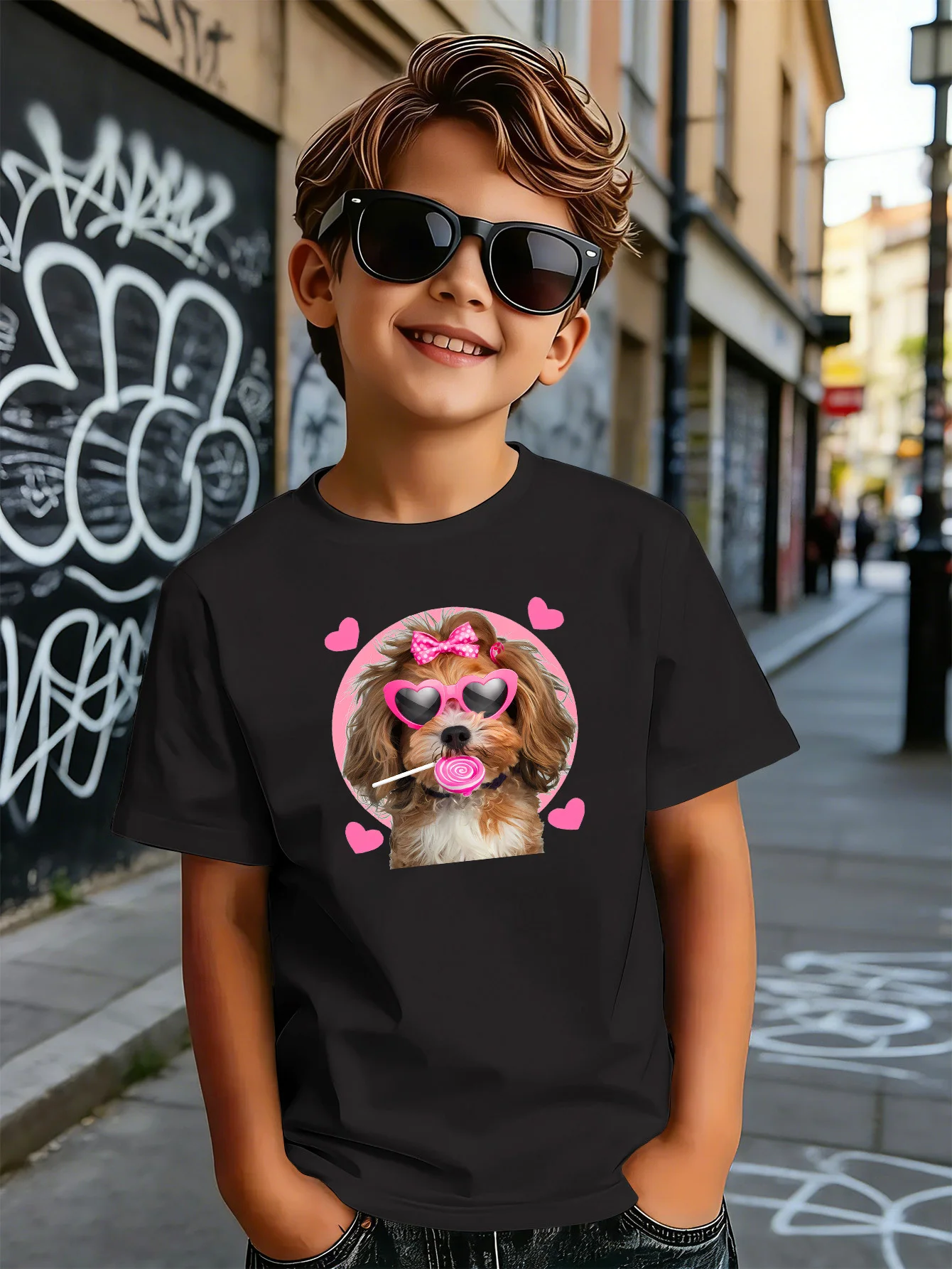Lovely Pink Puppy Heart Cartoon Print Boys Girls Family Matching Cotton Short Sleeve Crew Neck Soft Summer Kids Casual Tees