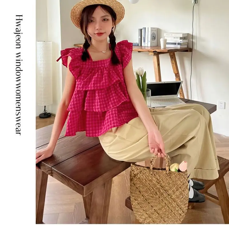 French Chic Spring Summer Blouses Women Tops Ruffles Sweet Korean Fashion Square Neck Retro Blusas Mujer Sleeveless Short Shirts