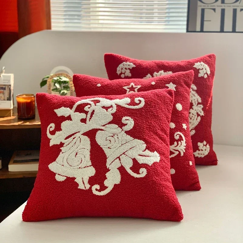 Christmas and New Year Plush Cushion Cover Red Teddy Velvet Embroidered Pillowcase Festive Joyful Home Pillow Covers Decorative