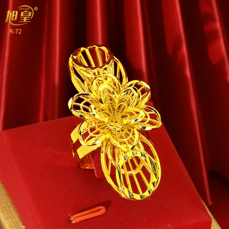 XUHUANG France Gold Color Long Charm Ring 24K Gold Plated Fashion Design Flowers Dubai Ethiopian Party Wedding Gifts Wholesale