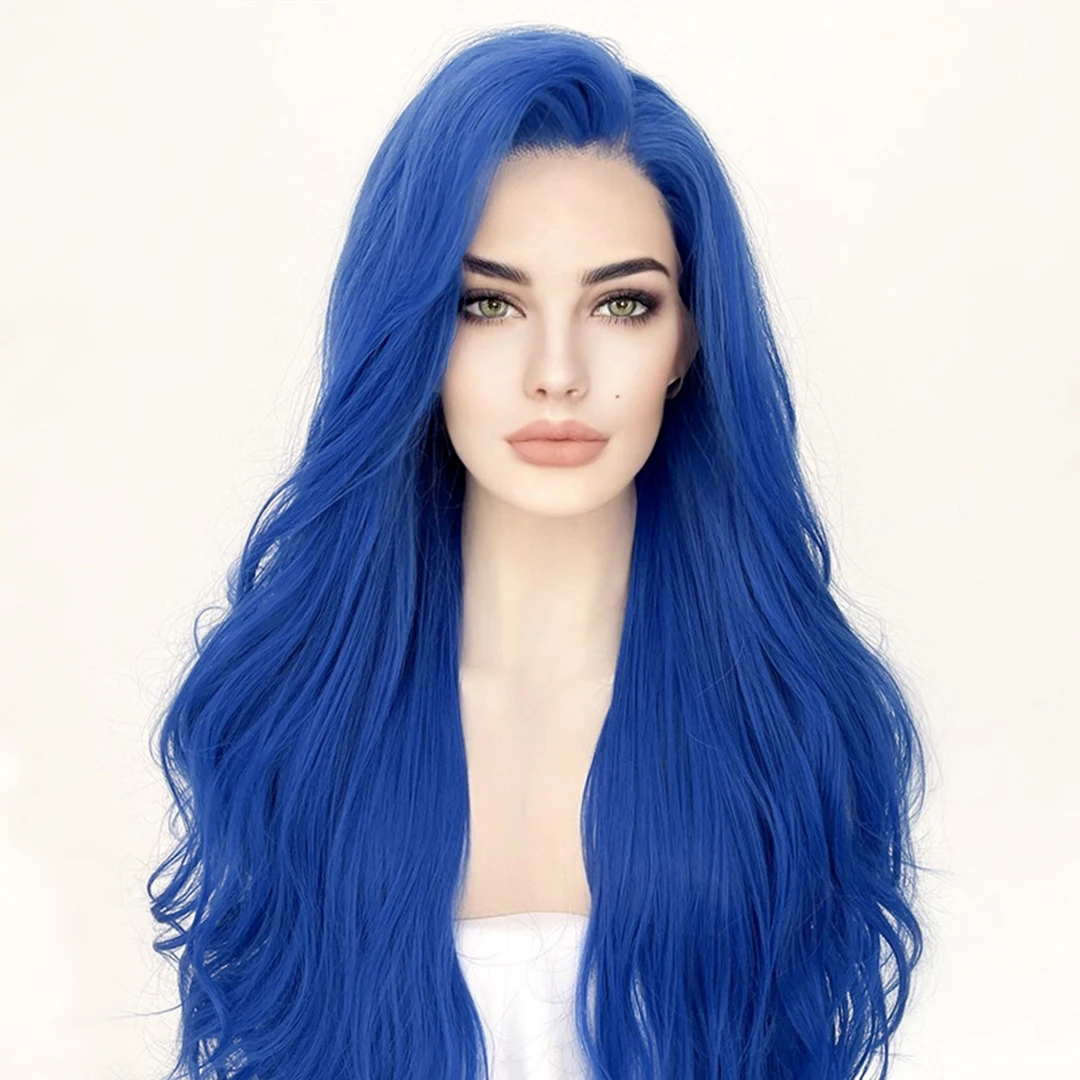 

26Inches Long Wavy Blue Blonde Synthetic Lace Front Hair Wigs for Women 180Density Glueless Transparent Lace Wigs with Baby Hair