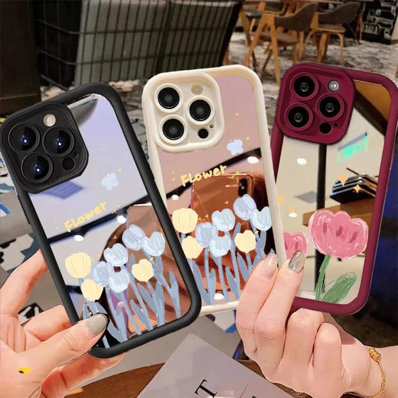 Flowers Mirror Case For OPPO A18 A58 A74 A79 A2 A3 A78 A94 A17 A16 A15 A53 A36 Find X8 RENO 11F 12F 5 6 Lite 8T Realme C53 C55