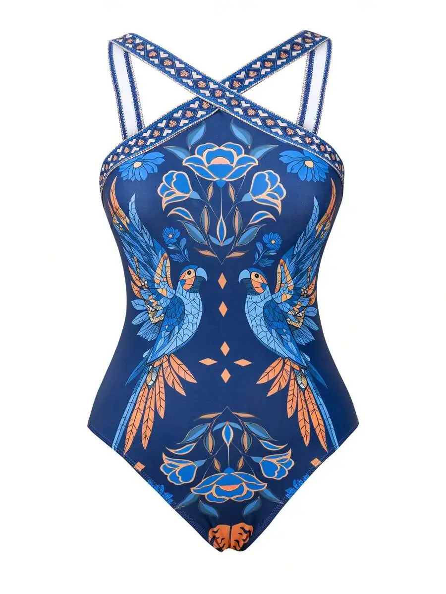 

Womens One Piece Swimsuit With Criss-Cross Straps Floral Parrot Print Blue