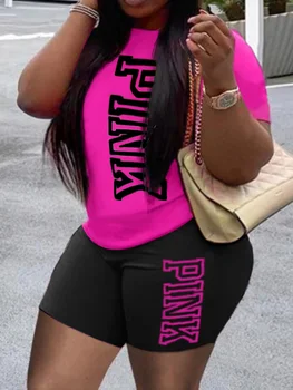 LW Plus Size Set da due pezzi da donna Pantaloncini con stampa di lettere Set T-shirt estiva a maniche corte + set di pantaloncini Set da due pezzi da donna estivo