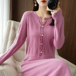 4 Colors New 2024 Simple and Elegant 100% Pure Wool Knit Dress Long Sleeve O Neck Ladies Cashmere Dress Pullover Long Sweater