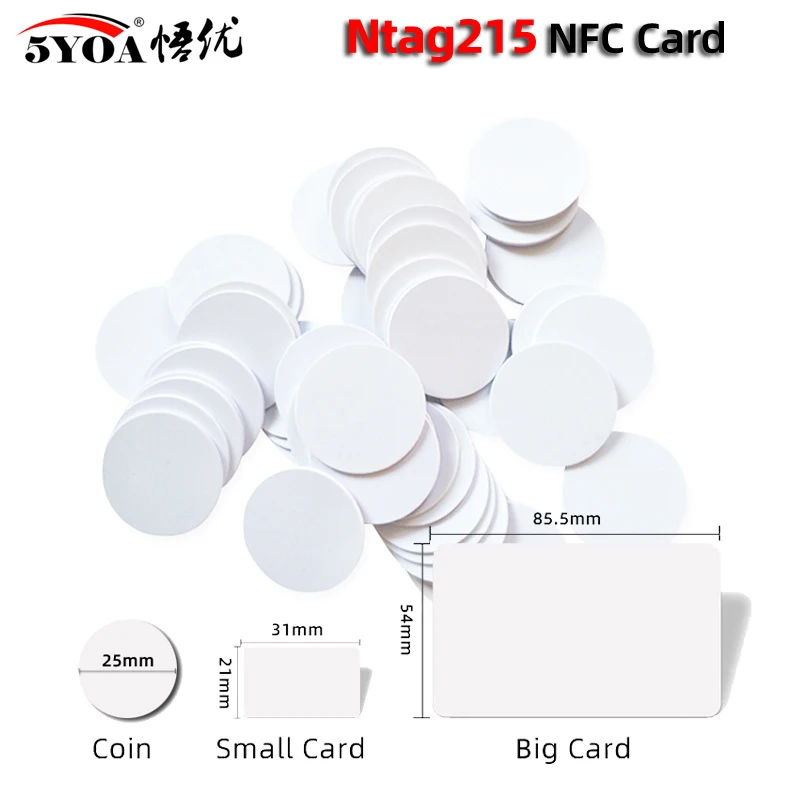 5YOA 100ชิ้นบัตร Ntag215บัตรเหรียญชิป215ที่สำคัญ13.56MHz เบาพิเศษ ISO IEC14443A 25มม. พีวีซีกันน้ำ