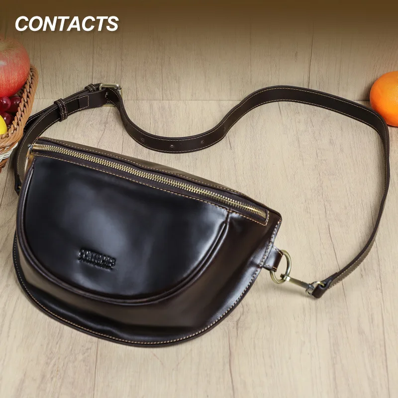 HTS-C3072 Head Layer Cowhide Chest Bag, Fashionable Sports Cycling Multifunctional Genuine Leather Women's Crossbody Bag