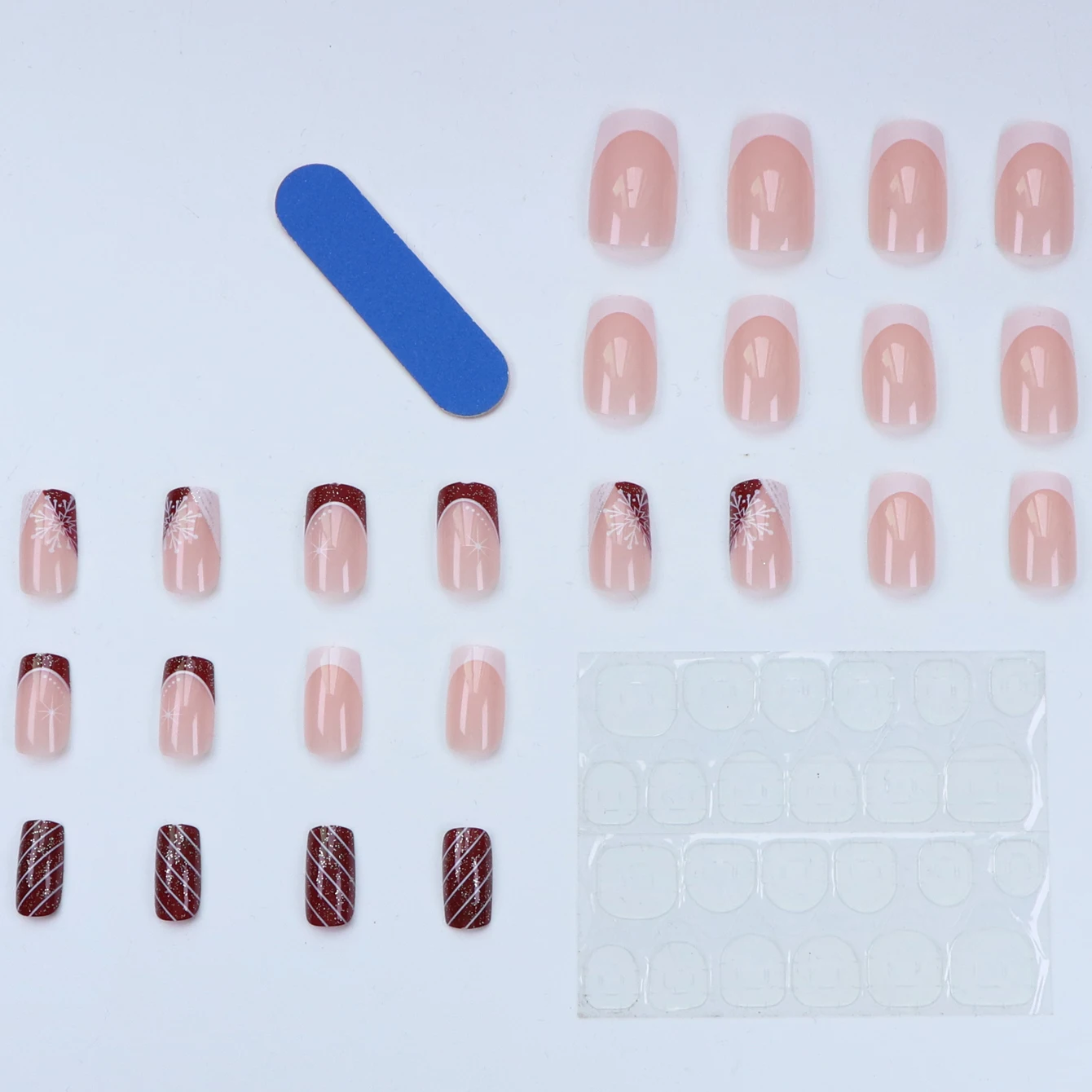 24 قطعة من الأظافر الصناعية المربعة القصيرة، تصميم ندفة الثلج الوردية، أظافر تغطية كاملة لامعة حمراء، أظافر أكريليك هدايا عيد الميلاد