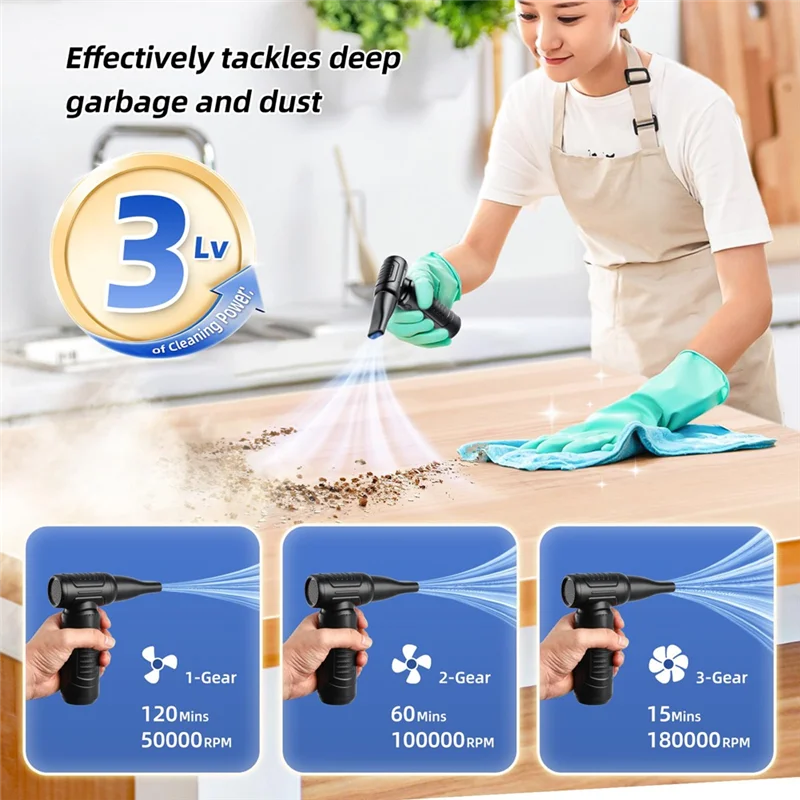 

AA46 Compressed Air Duster, 180000RPM High-Speed 3 Gear Electric Air Duster, Cordless Air Blower Portable Jet Dry Blower