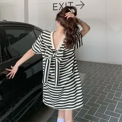 Women's Clothing Fashion Bow A-line Skirt Ladies Striped Pullovers 2024 New Casual Dresses O-neck T-Shirts Sweet Mini Dress