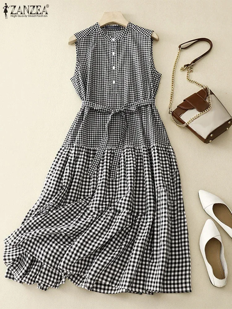 ZANZEA 2025 femmes été longue robe mode col rond sans manches Plaid robes vacances plage ceinturée une ligne décontracté Midi robe d'été