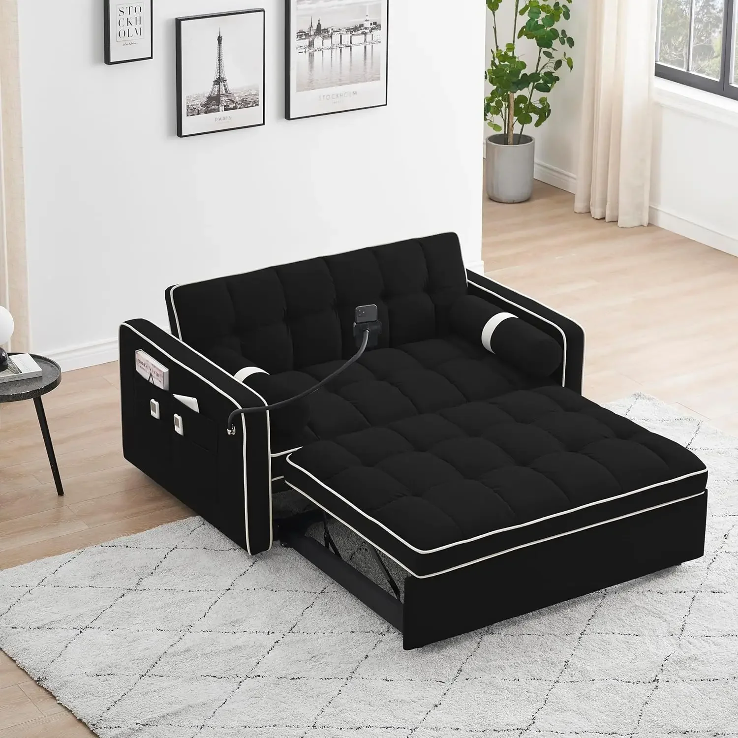 

55" Full Size Pull Out Couch-3 in 1 Comfy Convertible Futon Sofa Bed, Velvet Loveseat Lounge Sleeper Sofa with Pullout Bed