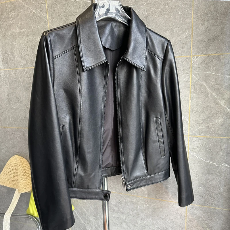 2025 nuove giacche di pelle di pecora di alta qualità moda cerniera moto e motociclista cappotti corti donna marrone / nero giacche casual in vera pelle