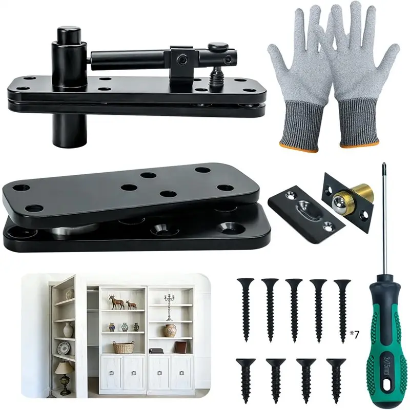 

A93E-Heavy Duty Bookcase Door Hardware, 360° Rotation Concealed Pivot Hinge Kit In Thickened Alloy Steel For Bookshelf