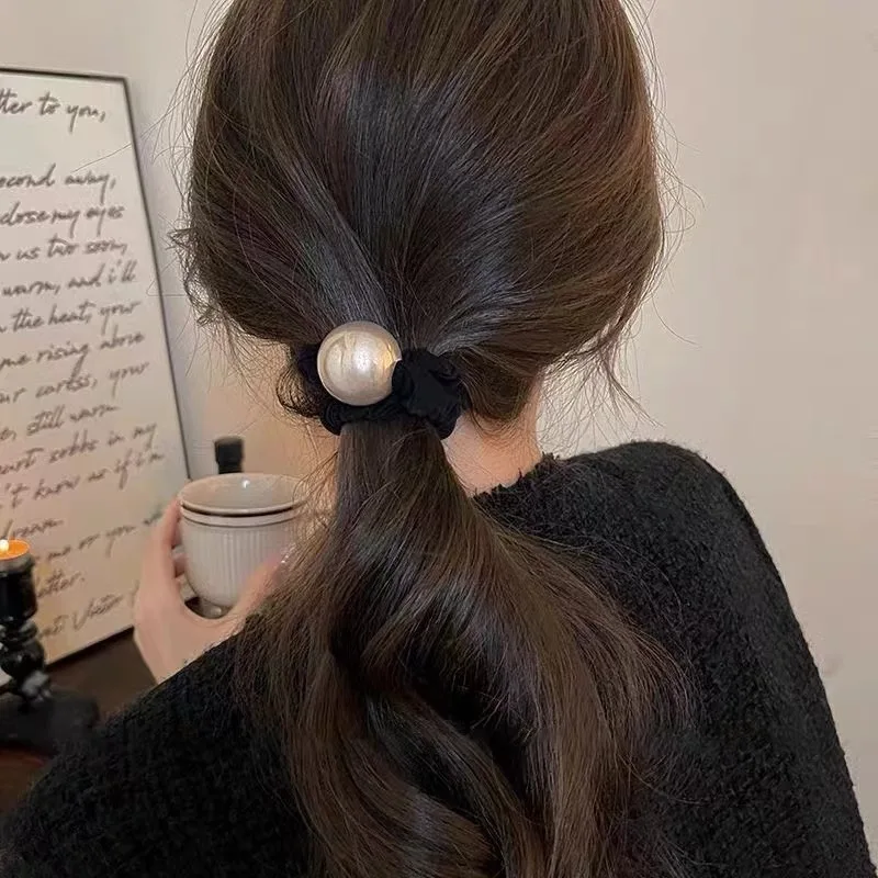Hair Ties Strong Elastic Band with Big Faux Pearl for Women Low Bun Ponytail Everyday School Office Non Slip Durable Classic