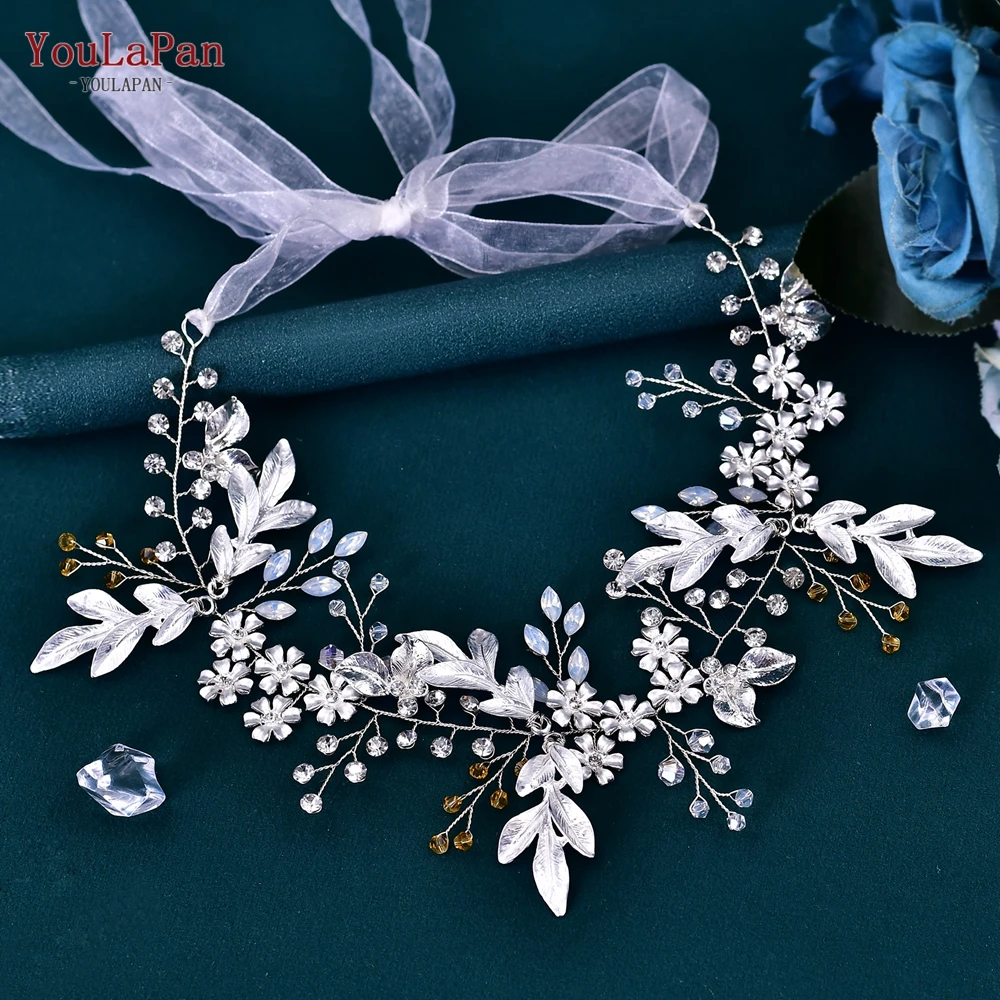 YouLaPan Wedding Headpiece for Bride Leaf Crystal Bridal Headband Wedding Hair Accessories Girl Headwear with Organza HP278