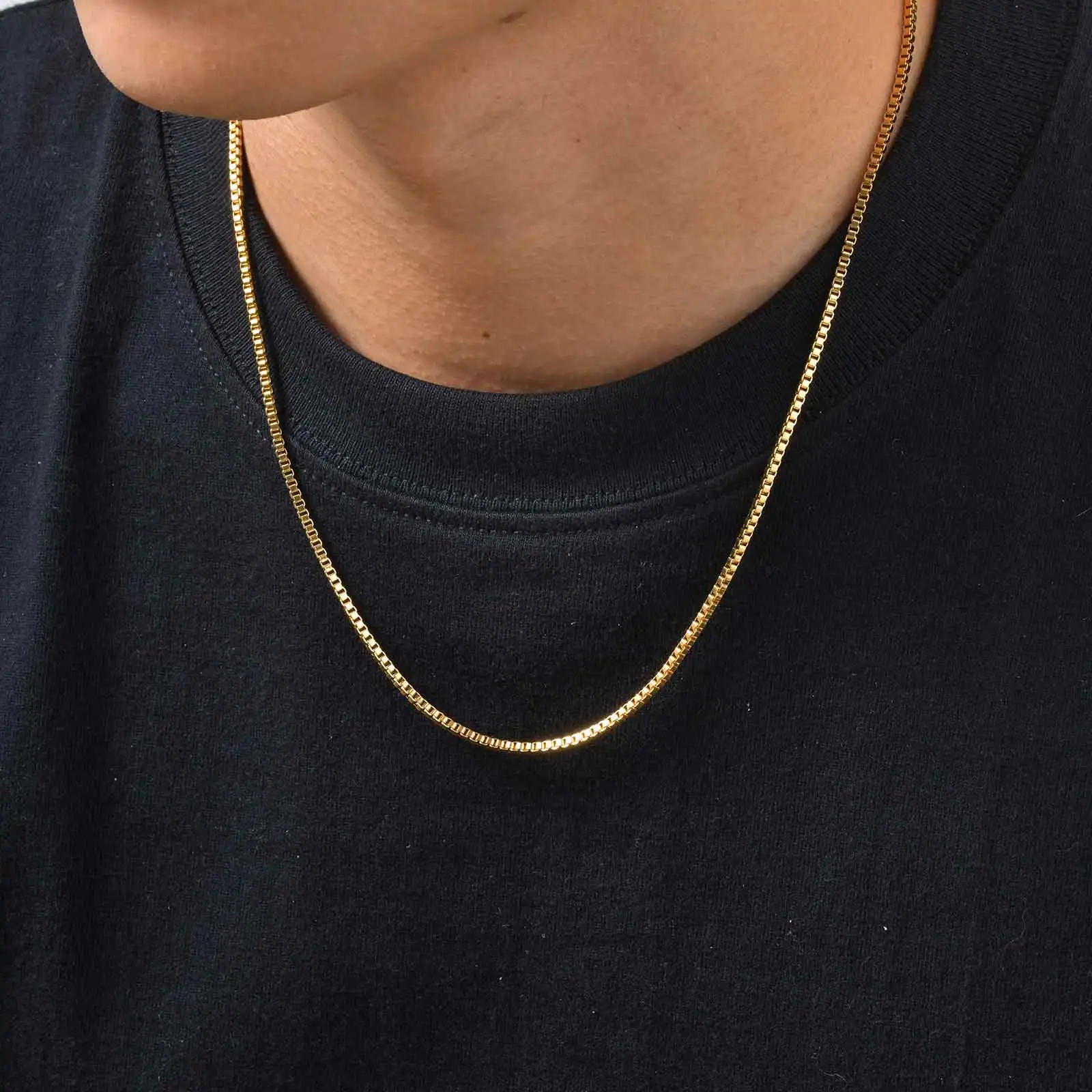 2 teile/satz Dünne Kette Halskette für Männer Jungen, Edelstahl Gold Silber Farbe Box Kette Halsbänder, stilvolle Männliche Schmuck Geschenk – Detail 4