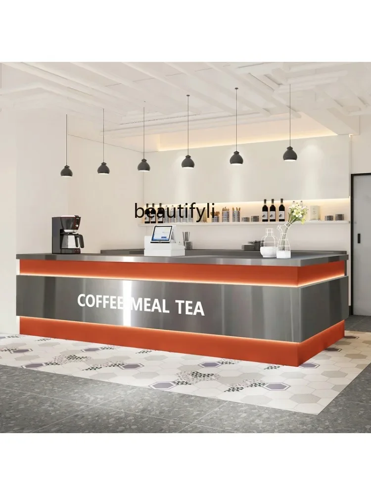 

PP Milk Tea Shop Bar Counter Cashier Water Bar Bar Simple Arc Stainless Steel Front Desk Coffee Dessert Shop Corner Customizatio