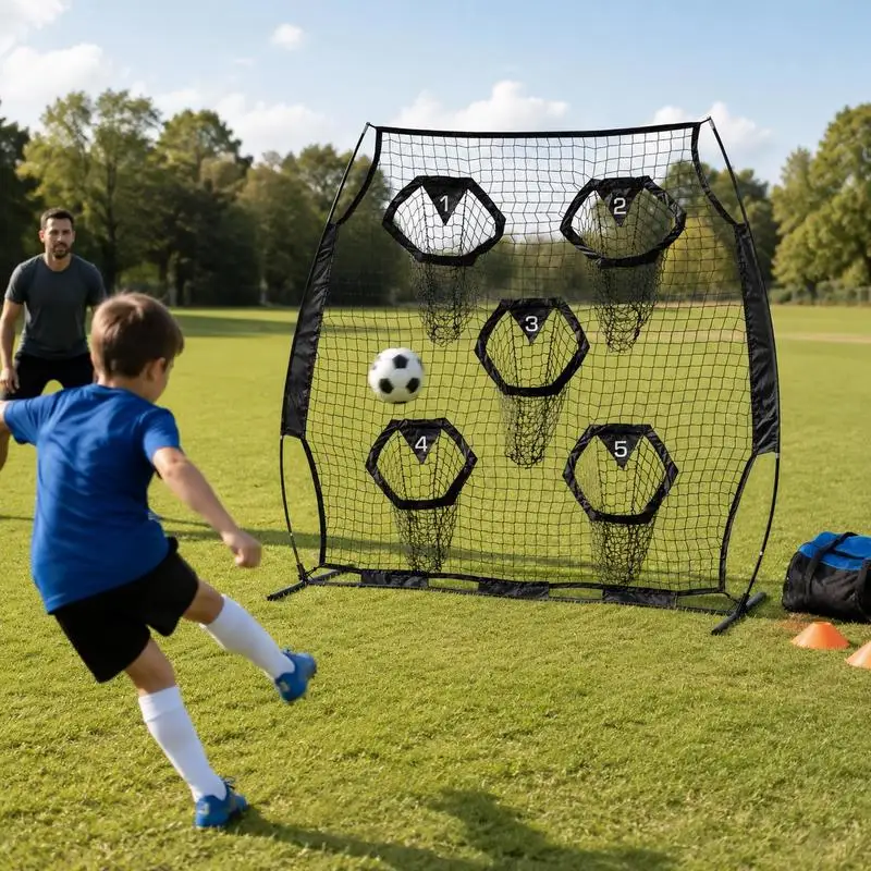 Filet de lancer de football 6 x 6 pieds, filet d'entraînement de précision avec 5 poches cibles, filet sans nœuds avec sangles et sac de transport portable, améliore la précision des lancers du QB, noir