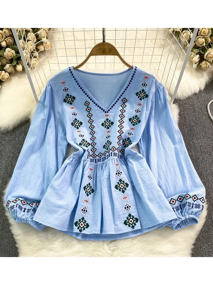 

Women Spring Autumn Blouse Vintage Ethnic Style Embroidery V-neck Pullover Loose Waistband Cotton Linen Shirt Casual Top D4924