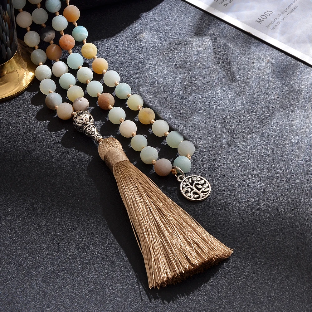 8mm Natural Mattle Amazonite Beaded Knotted 108 Mala Necklace Meditation Yoga Prayer Japamala Rosary For Men and Women