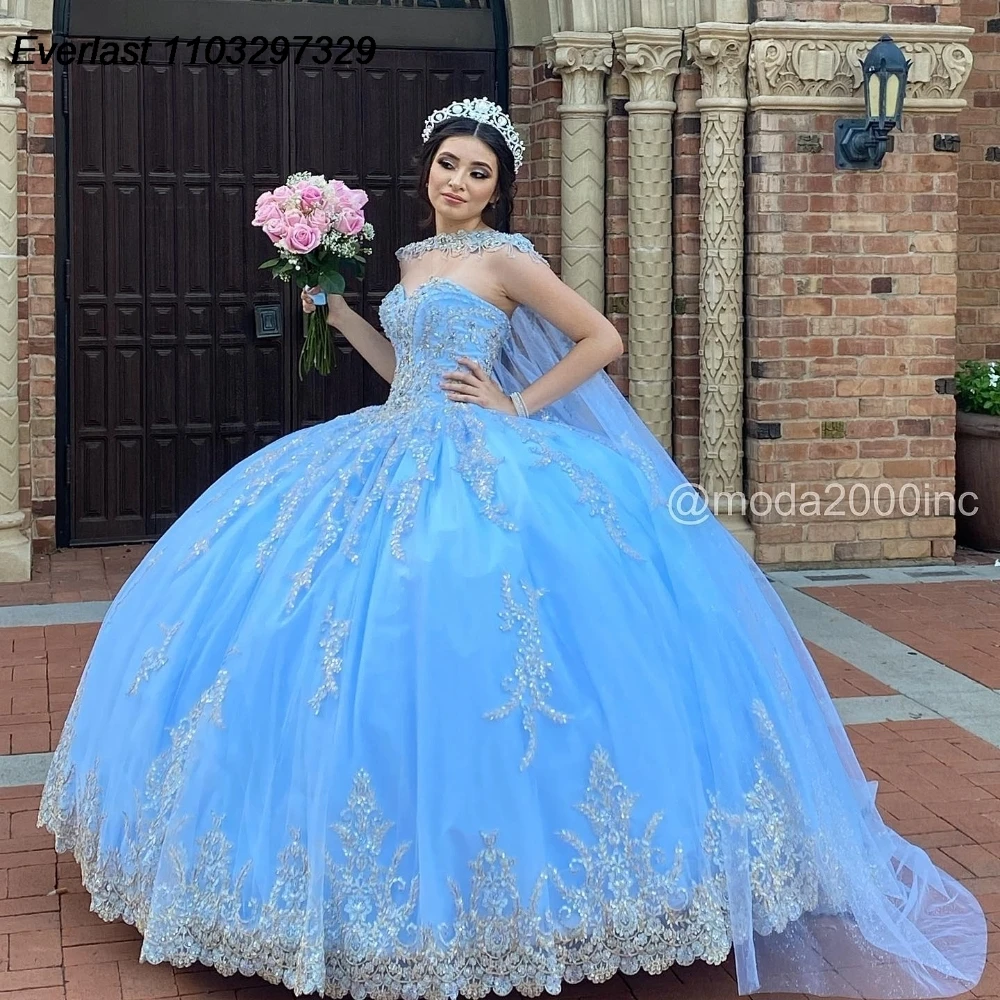 EVLAST Mexican Blue Quinceanera Dress Ball Gown Shiny Lace Applique Beading With Cape Corset Sweet 16 Vestido De 15 Anos TQD933