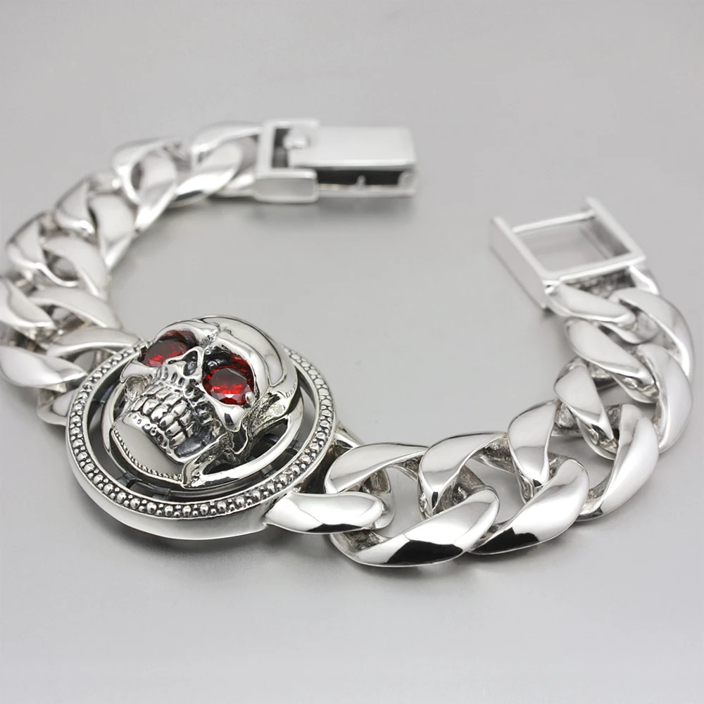 Red CZ Eyes 925 Sterling Silver Rotable Skull Bracelet Biker Rock Punk Chain 8F010