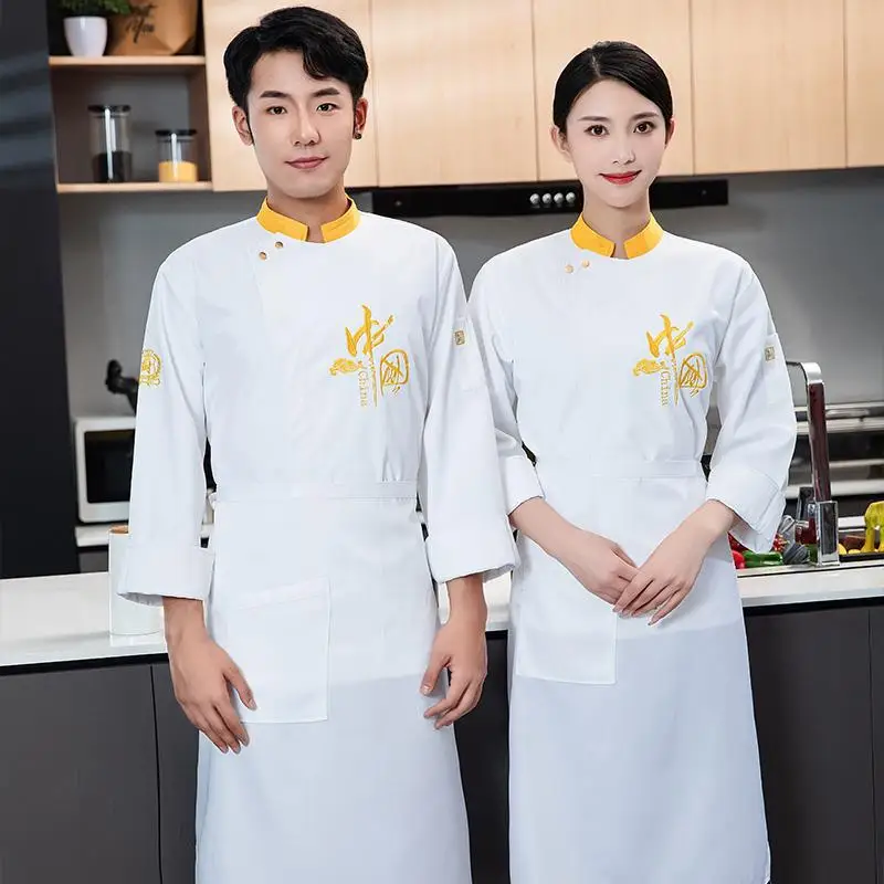 Kitchen Chef Overalls แขนยาวผู้ชายฤดูใบไม้ร่วงและฤดูหนาวเค้กโรงแรม Chef เสื้อผ้าแขนสั้น