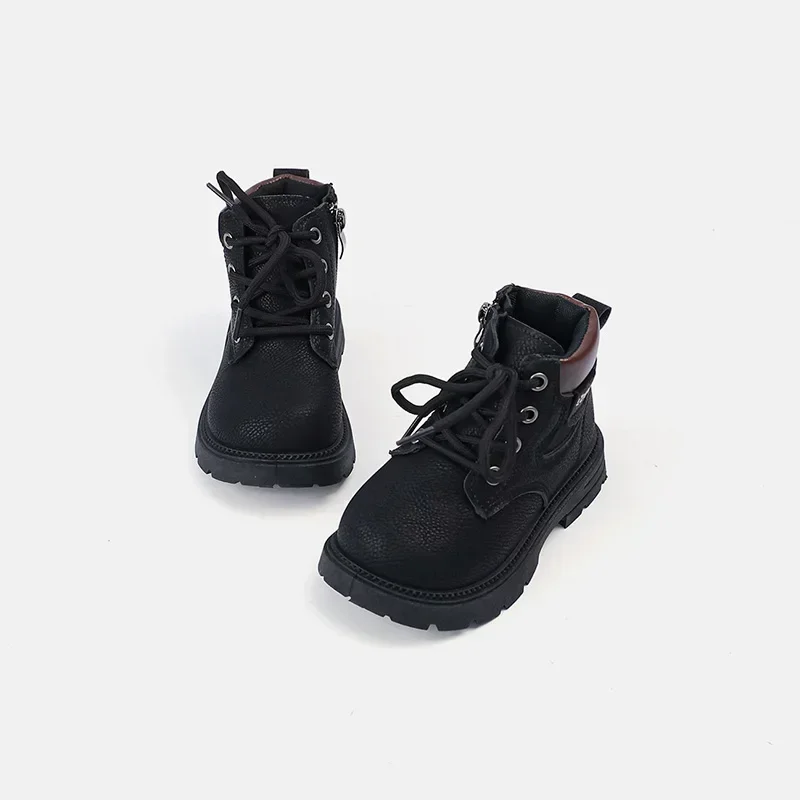 Kids Classic Work Ankle Boots, Faux Nubuck Lace‑Up Inner Zipper Heel Pull Tab Thick Non‑Slip Sole Boys Girls Retro Boots
