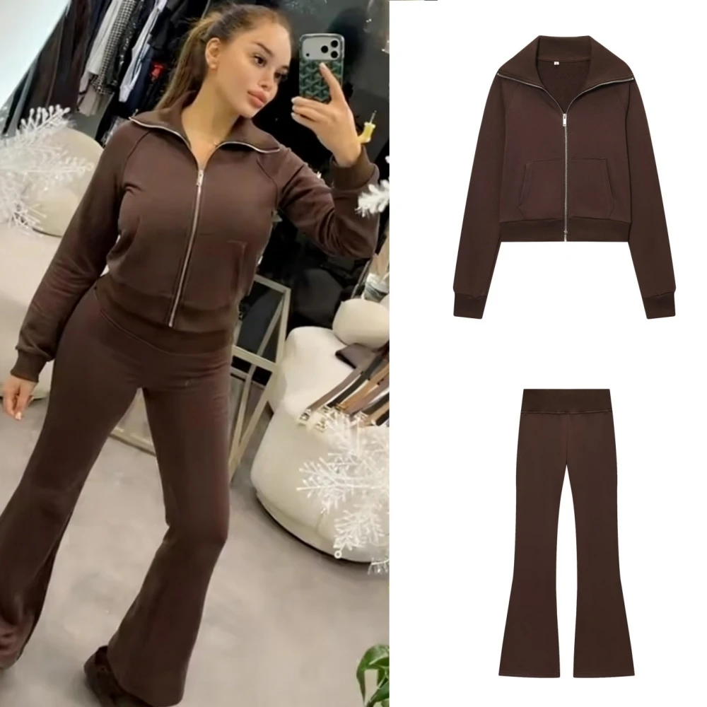 Spring New Brown Two Piece Pants Sets Women Casual Lapel Zipper Crop Jacket + High-Waist Flared Trousers 2026 Women Outfits