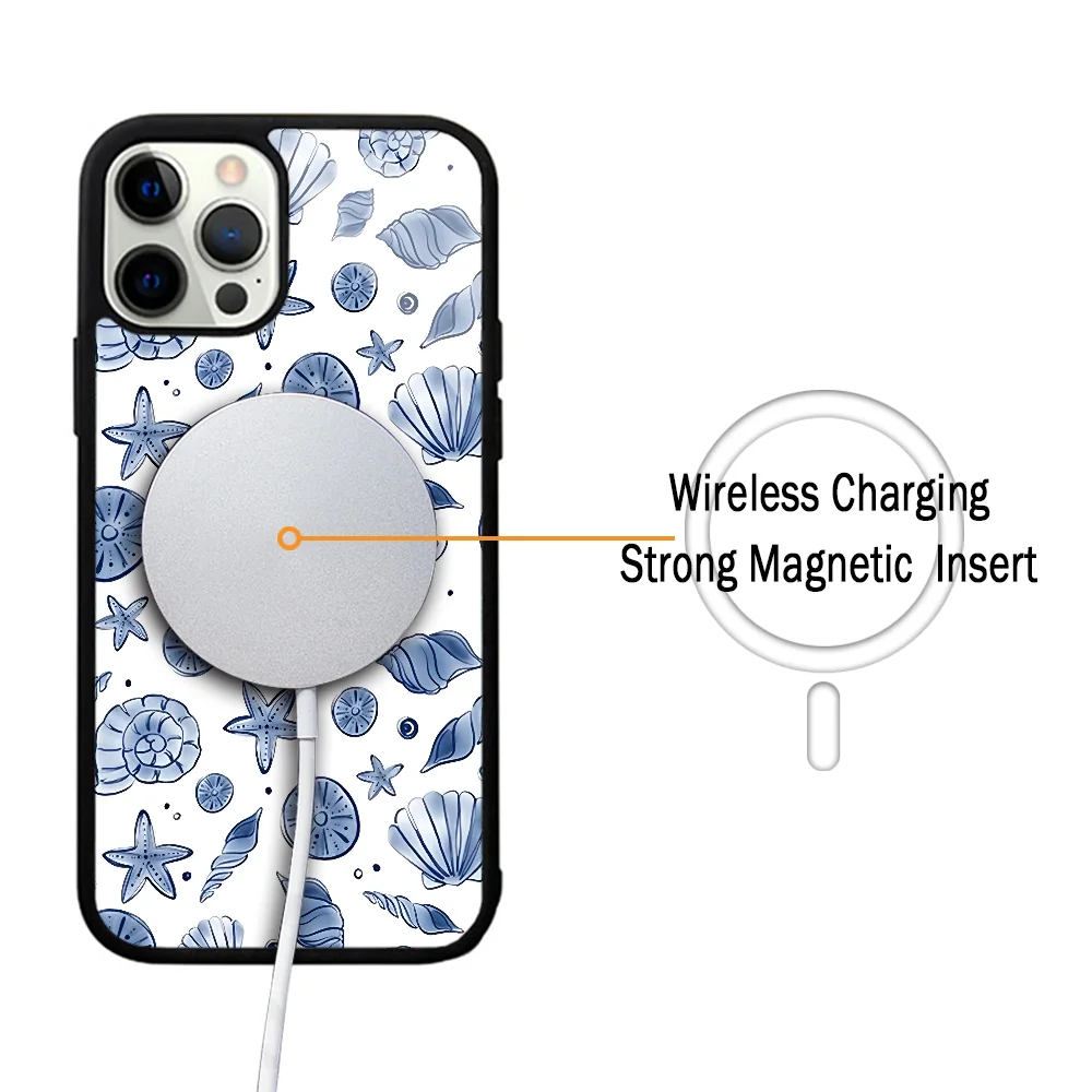 Marine Life Seashell Blue And White Pattern Case For iphone 11 12 13 14 15 Plus Pro Max Mirror For Magsafe Wireless Charging