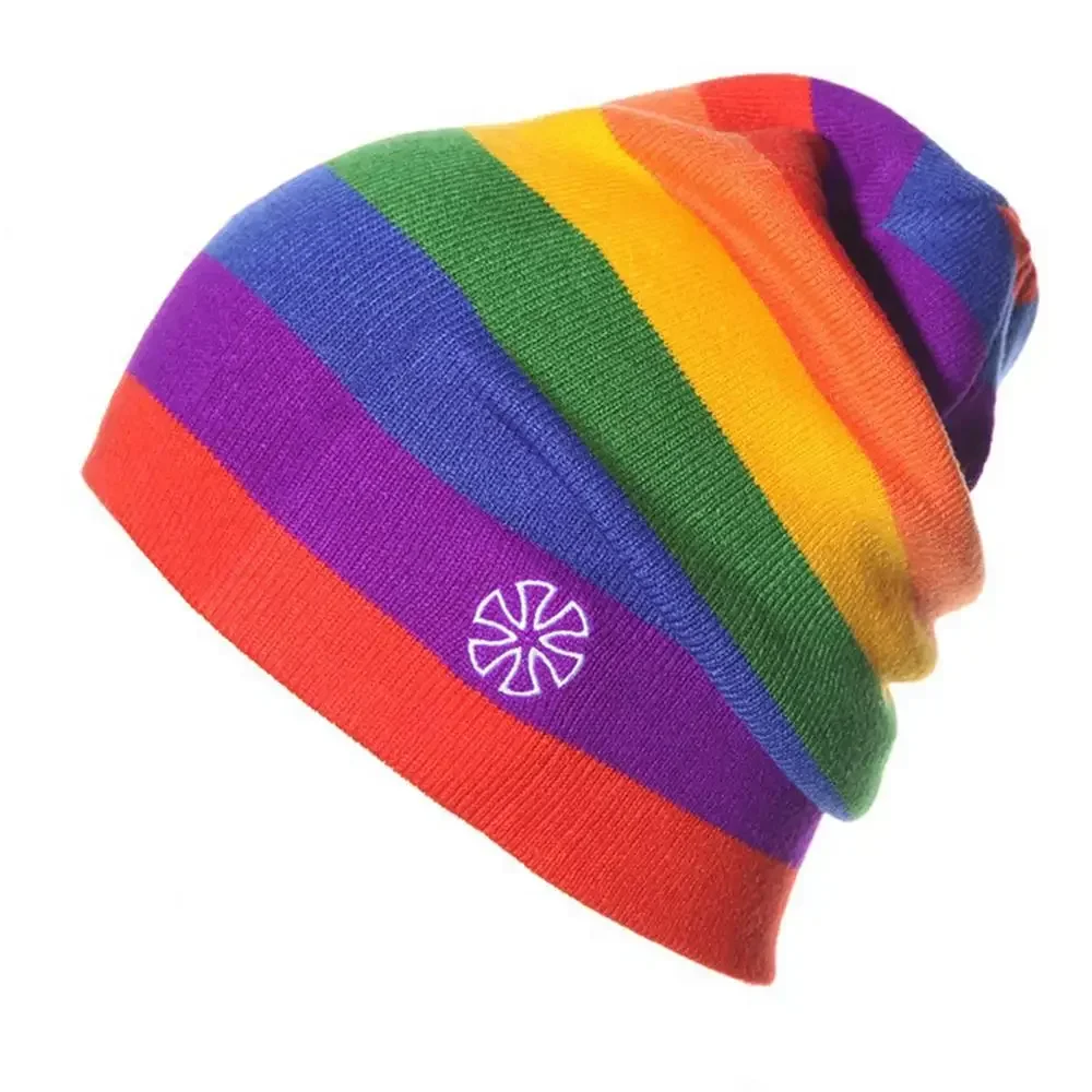 Helisopus Winter Rainbow Striped Warm Knitted Hat Without Brim Winter Ski Hat Fashion Color Men and Women Warm Elastic Hat