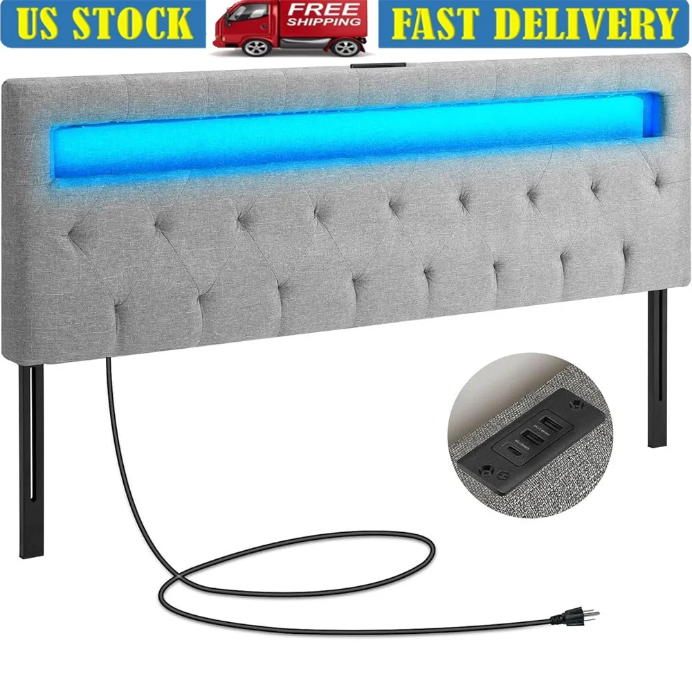 

Full Size Adjustable Headboard with 60000 Color LED Lights USB Type C Charging Station Wall Mounted Design