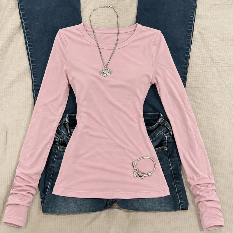 Spring Autumn Women Korean Chic Daily Cream Solid Crew Neck Thumb Hole Fitted Long Sleeve Basic T-Shirt