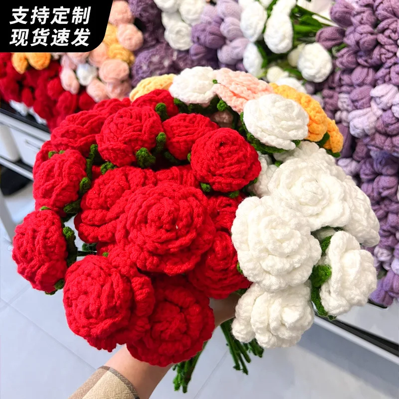 Handmade Woolen Woven Immortal Floral Finished 6 Colors Rose Creative Yarn Crochet Artificial Flower For Lover or Girl friend