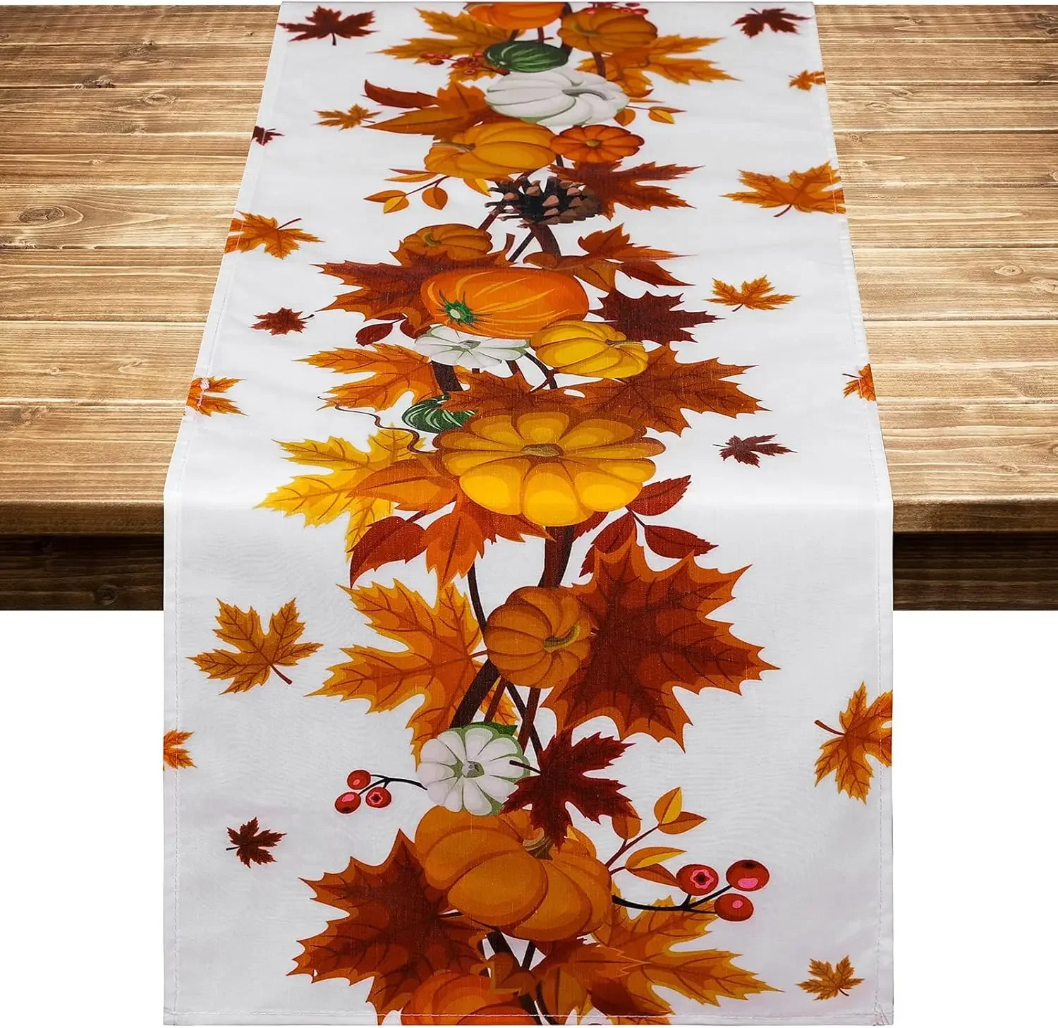1Pc Autumn Harvest Style Table Runner White Background With Orange And Brown Pumpkin Maple Leaf Berry Print Table Cover For Dini