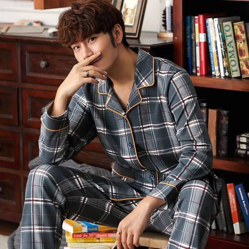 Spring Autumn Men\'s Cotton Pajamas Letter Striped Sleepwear Cartoon Pajama Sets Casual Sleep&Lounge Pyjamas Big Size 3XL Pijama